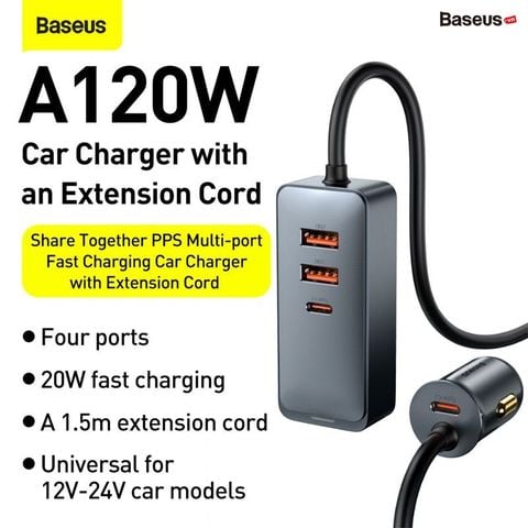 Tẩu sạc nhanh Baseus Share Together 120W – Mở rộng 4 cổng (4×30W), hỗ trợ QC/PD/PPS, sạc nhanh cho ô tô tiện lợi