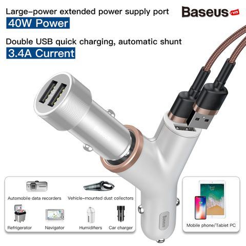 Bộ tẩu sạc mở rộng 3 trong 1 dùng cho xe hơi Baseus Y Type Dual USB (40W, 3.4A Fast Charge, Intelligent Car charger)