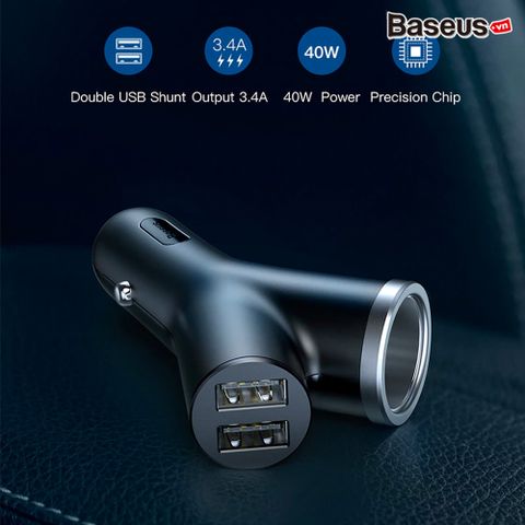 Bộ tẩu sạc mở rộng 3 trong 1 dùng cho xe hơi Baseus Y Type Dual USB (40W, 3.4A Fast Charge, Intelligent Car charger)