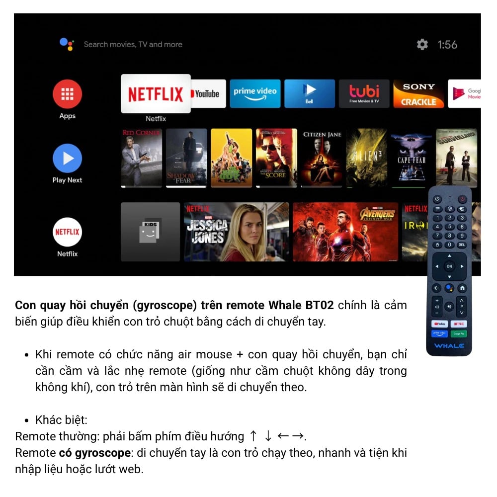 Remote chuột bay bluetooth Whale BT02 có giọng nói cho máy chiếu, Android TV Box và Smart TV