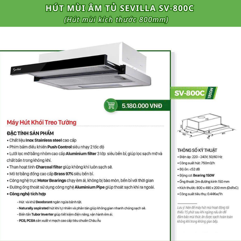 Máy hút mùi âm tủ Sevilla SV-800C | hút mùi kích thước 800mm