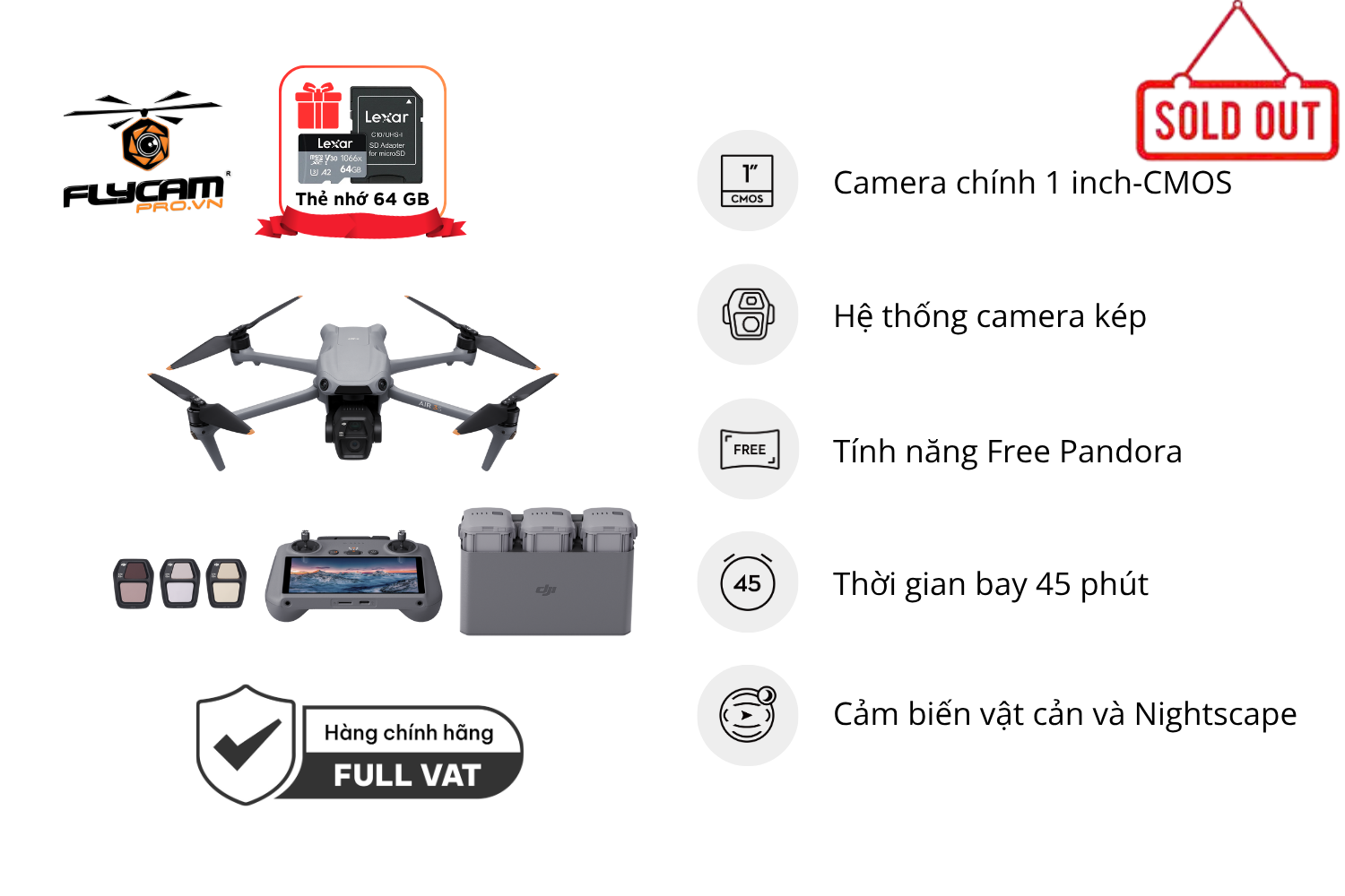 DJI Air 3S Fly More Combo (DJI RC 2)- Flycam dành cho các cảnh