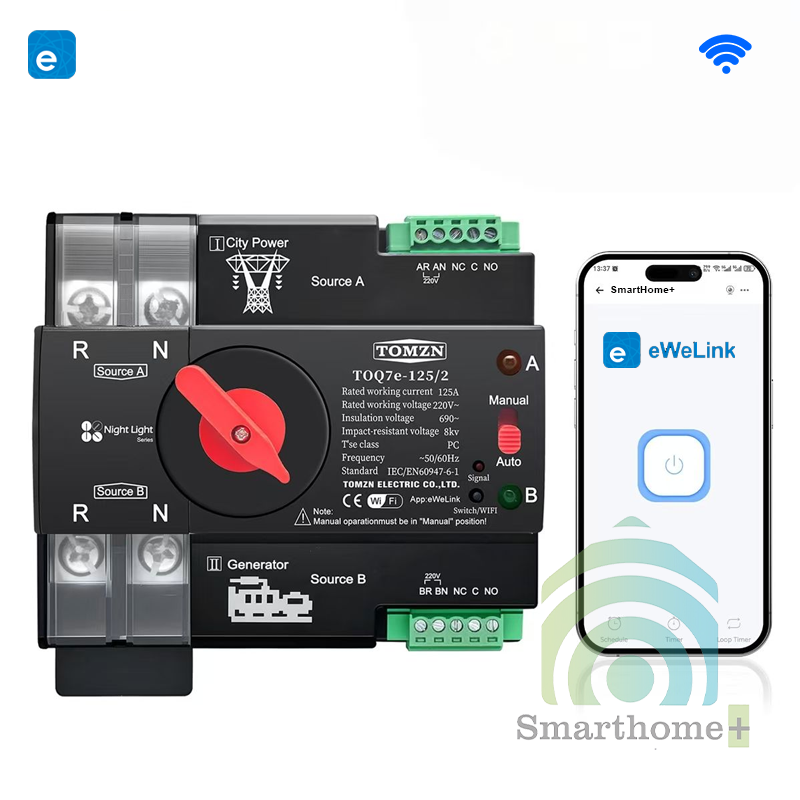 Cầu Dao Đảo Nguồn Tự Động 1 Pha Không Gián Đoạn Wifi eWeLink WF1P