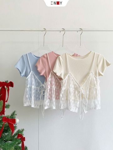  Set Áo Thun Croptop Kèm Áo Dây Hoa Nhí 