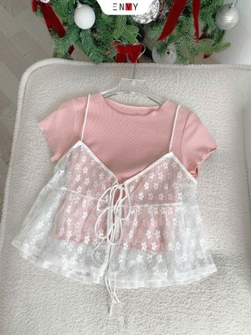  Set Áo Thun Croptop Kèm Áo Dây Hoa Nhí 