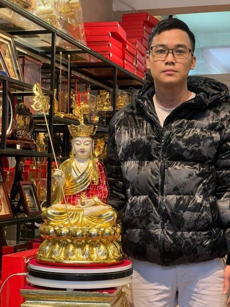 Tượng địa tạng vương bồ tát cao 50cm 15kg  bằng đồng, màu thủ công vẽ gấm diện