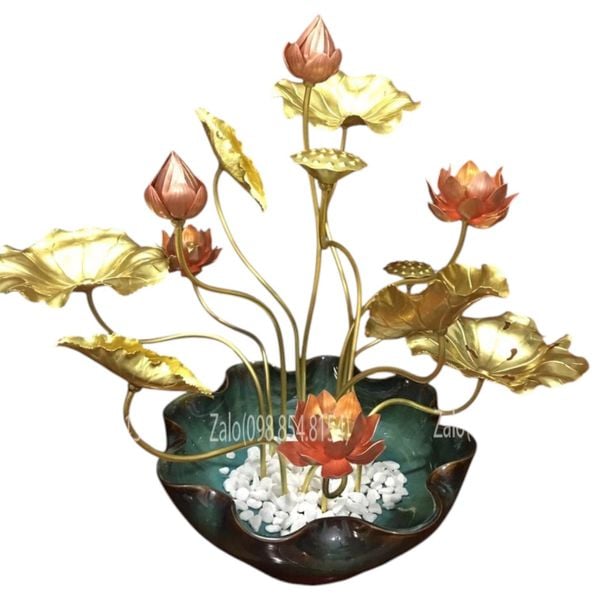 Chậu hoa sen đồng trưng bày Đỏ Vàng - Đế Đĩa Gốm Cao 50cm ngang 55cm 13 cành