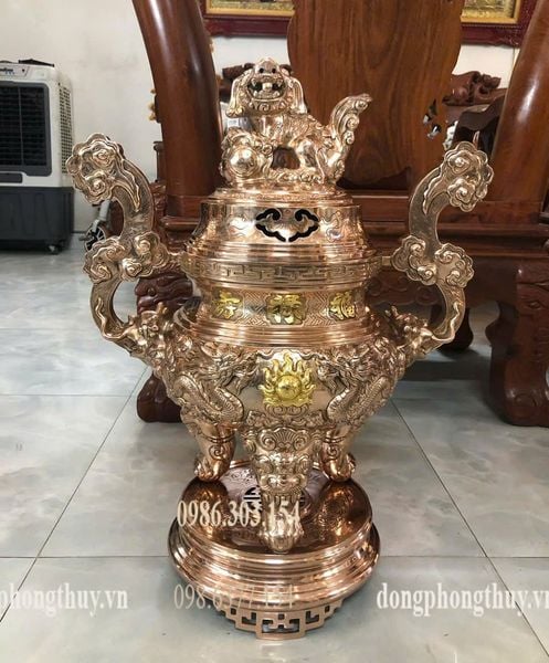 Bộ đỉnh đồng đỏ song long chầu nguyệt ngũ sự 62cm nặng 46kg