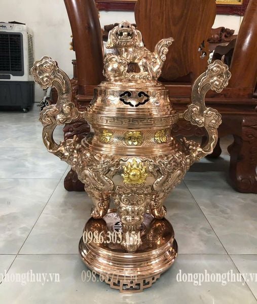 Bộ đỉnh đồng đỏ song long chầu nguyệt ngũ sự 62cm nặng 46kg