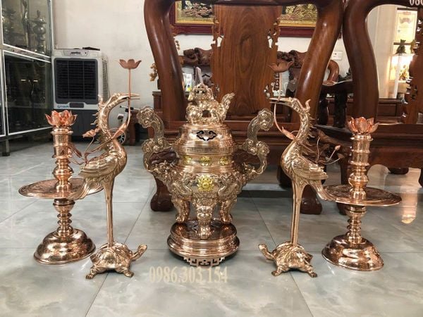 Bộ đỉnh đồng đỏ song long chầu nguyệt ngũ sự 62cm nặng 46kg