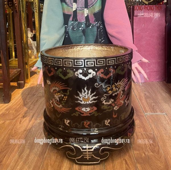 Bát hương đường kính 40cm bằng đồng khảm ngũ sắc