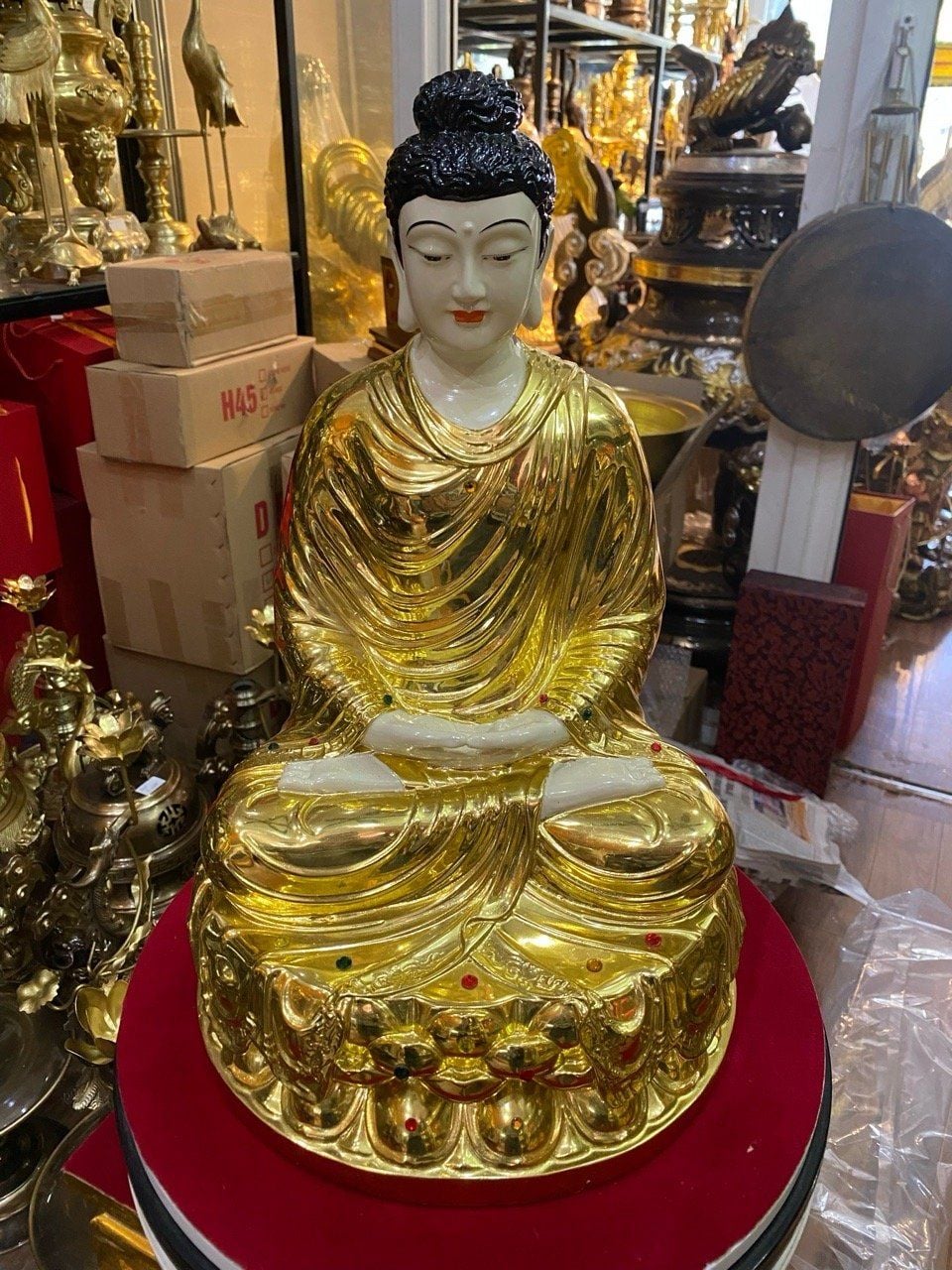 Tượng phật Thích Ca 40cm 12kg bằng đồng dát vàng vẽ diện