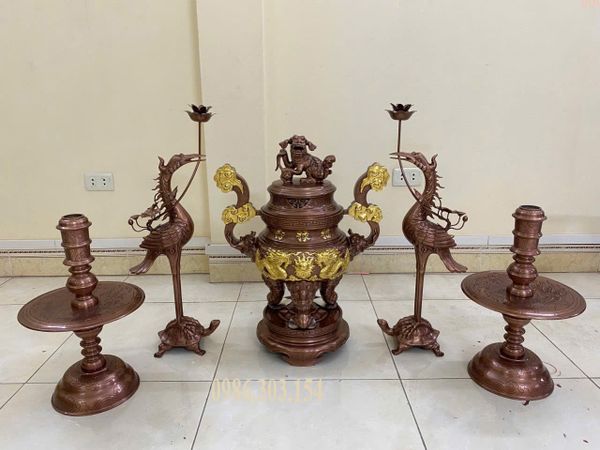Bộ ngũ sự đỉnh đồng đỏ 60cm 45kg dát điểm vàng