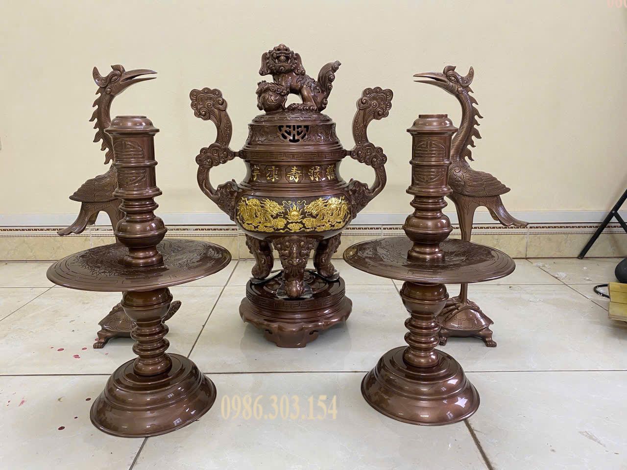 Bộ ngũ sự đỉnh đồng đỏ 60cm 45kg dát điểm vàng