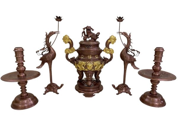 Bộ ngũ sự đỉnh đồng đỏ 60cm 45kg dát điểm vàng