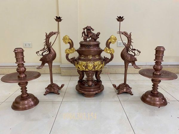 Bộ ngũ sự đỉnh đồng đỏ 60cm 45kg dát điểm vàng