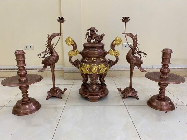 Bộ ngũ sự đỉnh đồng đỏ 60cm 45kg dát điểm vàng