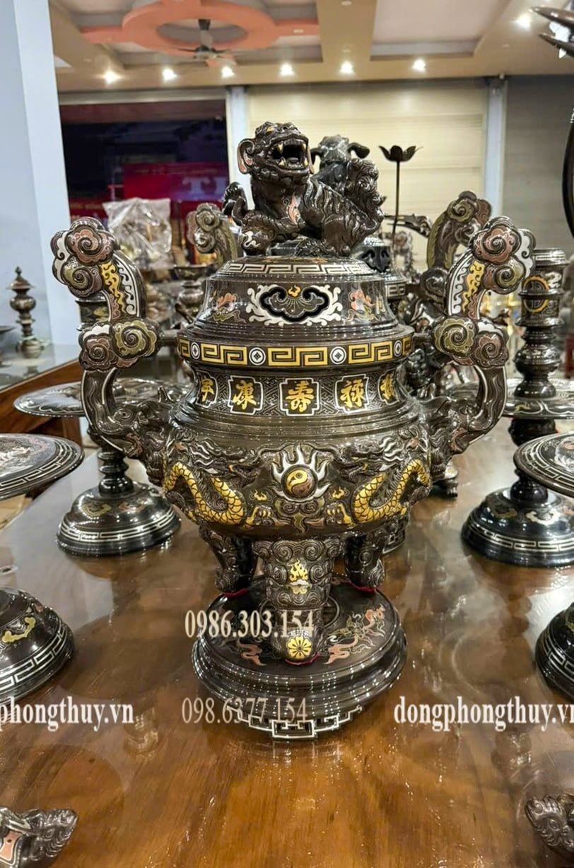 Đỉnh đồng 70cm khảm ngũ sắc ngũ sự