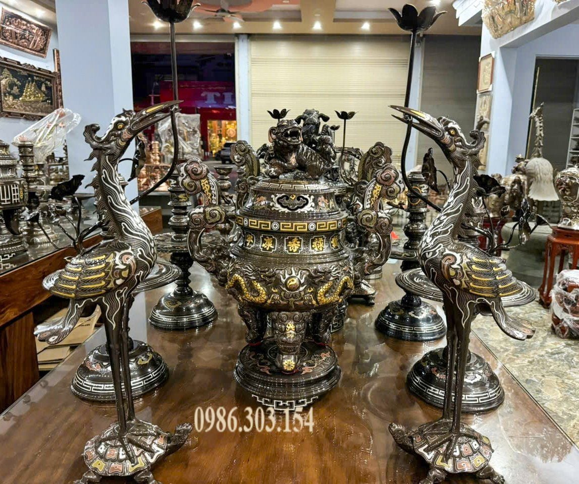 Đỉnh đồng 70cm khảm ngũ sắc ngũ sự