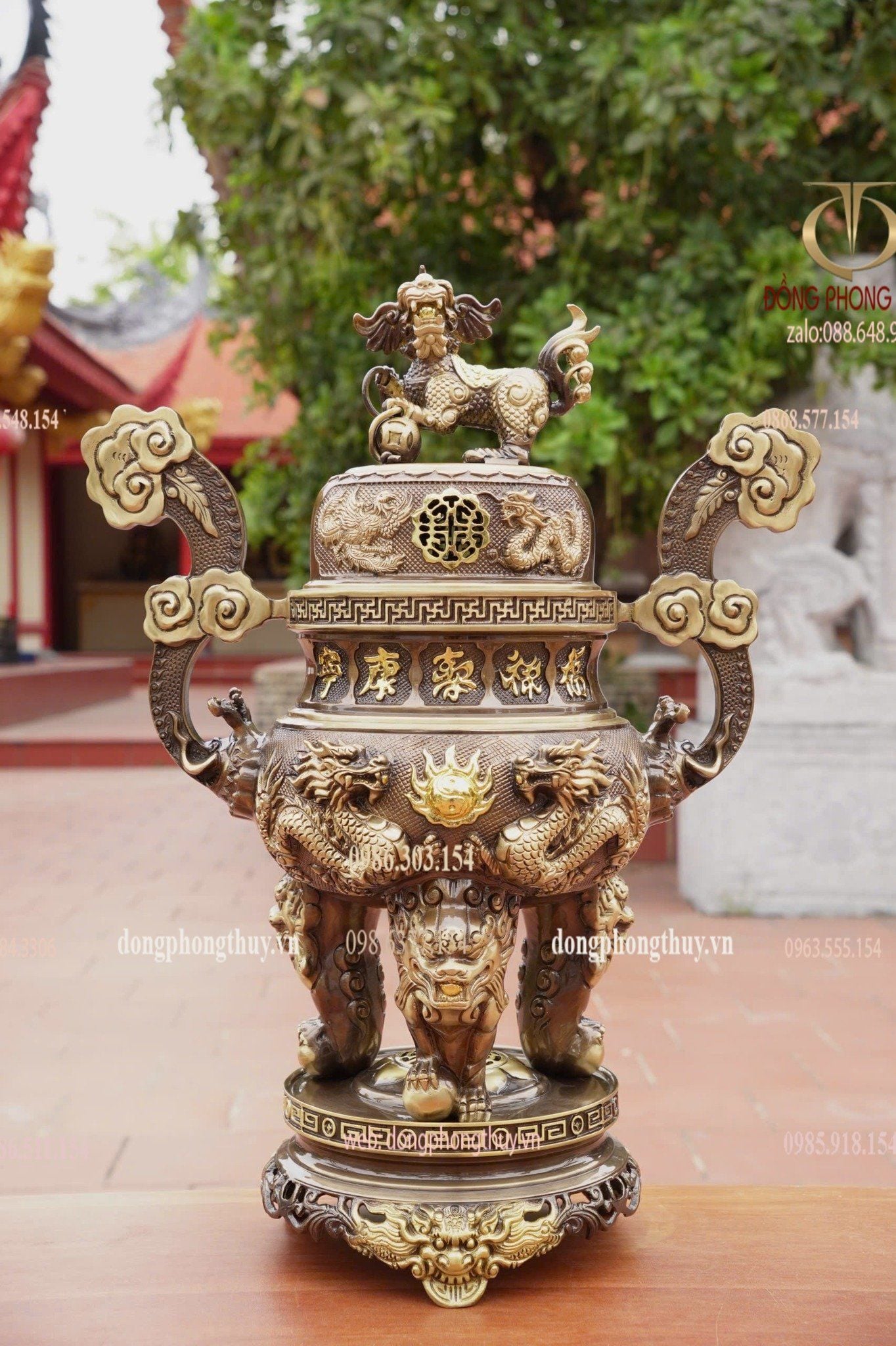 Bộ đỉnh đồng ngũ sự 65cm lưỡng long chầu nguyệt