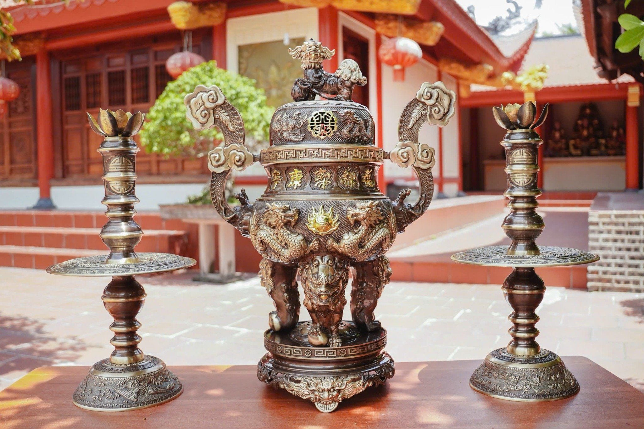 Bộ đỉnh đồng ngũ sự 65cm lưỡng long chầu nguyệt