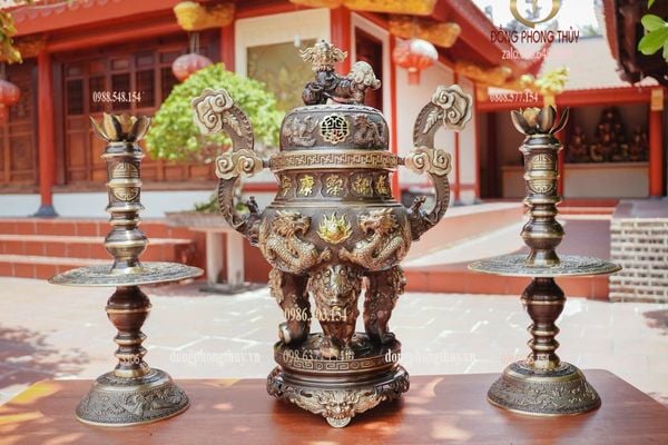 Bộ đỉnh đồng ngũ sự 65cm lưỡng long chầu nguyệt