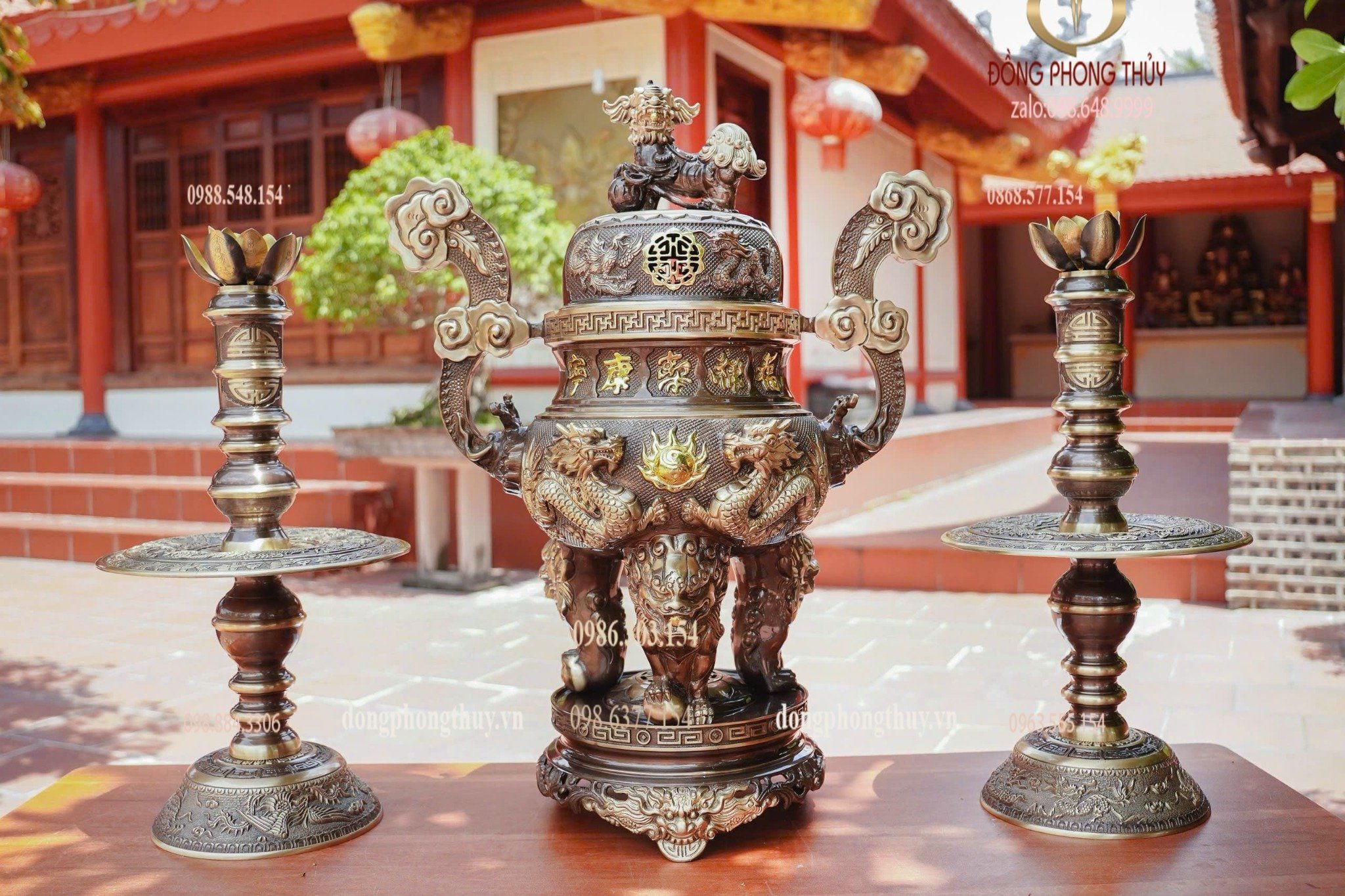 Bộ đỉnh đồng ngũ sự 65cm lưỡng long chầu nguyệt