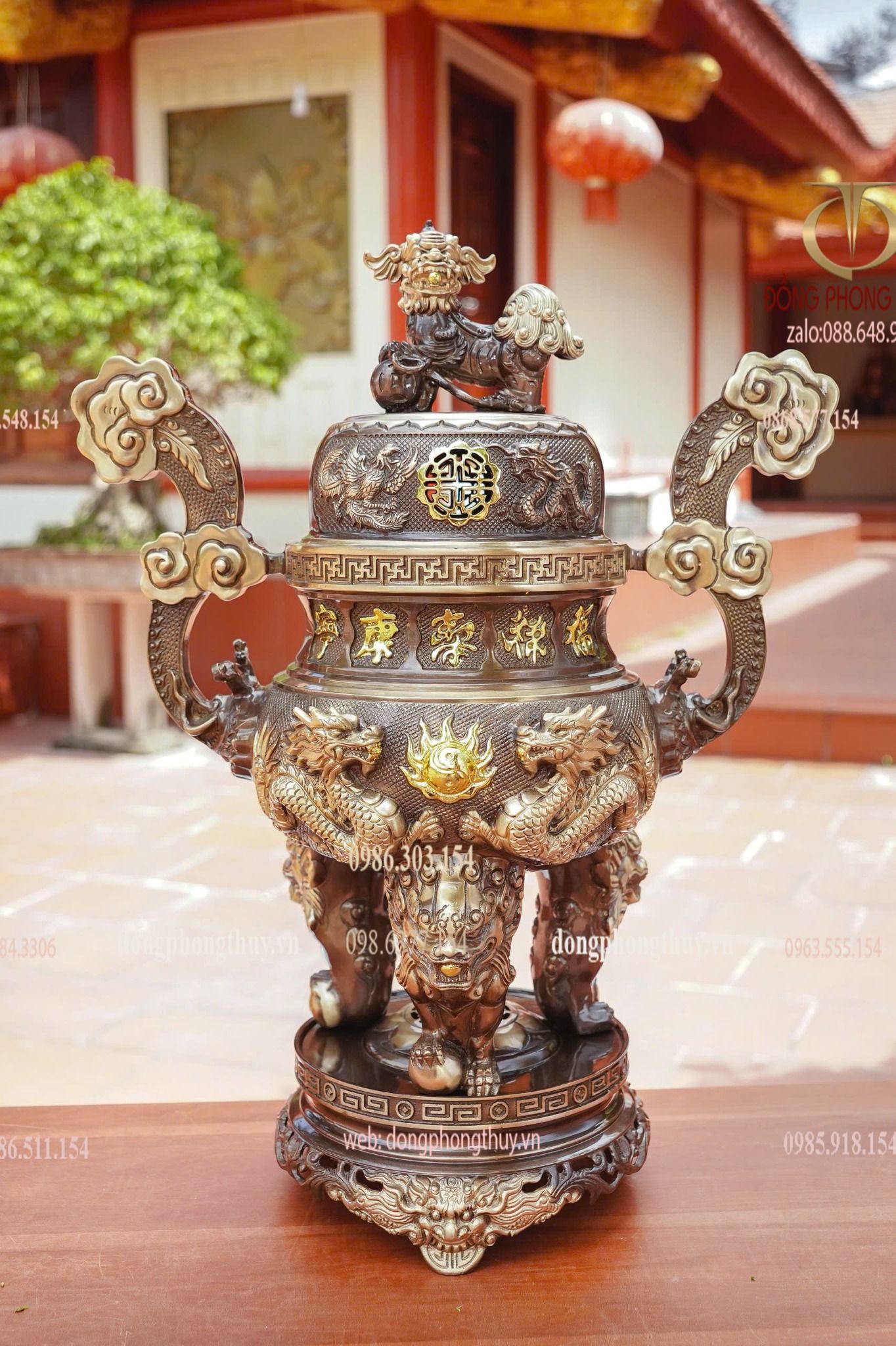 Bộ đỉnh đồng ngũ sự 65cm lưỡng long chầu nguyệt