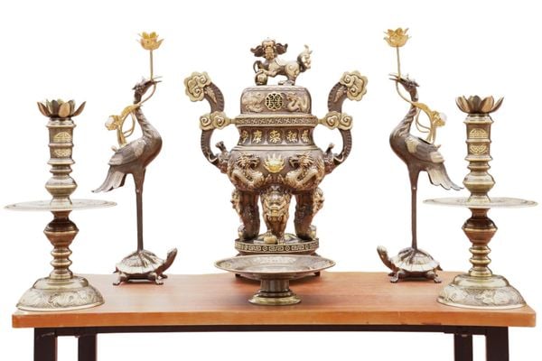 Bộ đỉnh đồng ngũ sự 65cm lưỡng long chầu nguyệt