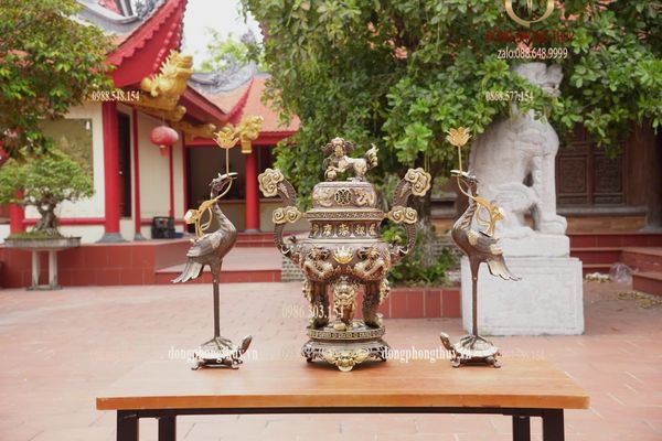 Bộ đỉnh đồng ngũ sự 65cm lưỡng long chầu nguyệt