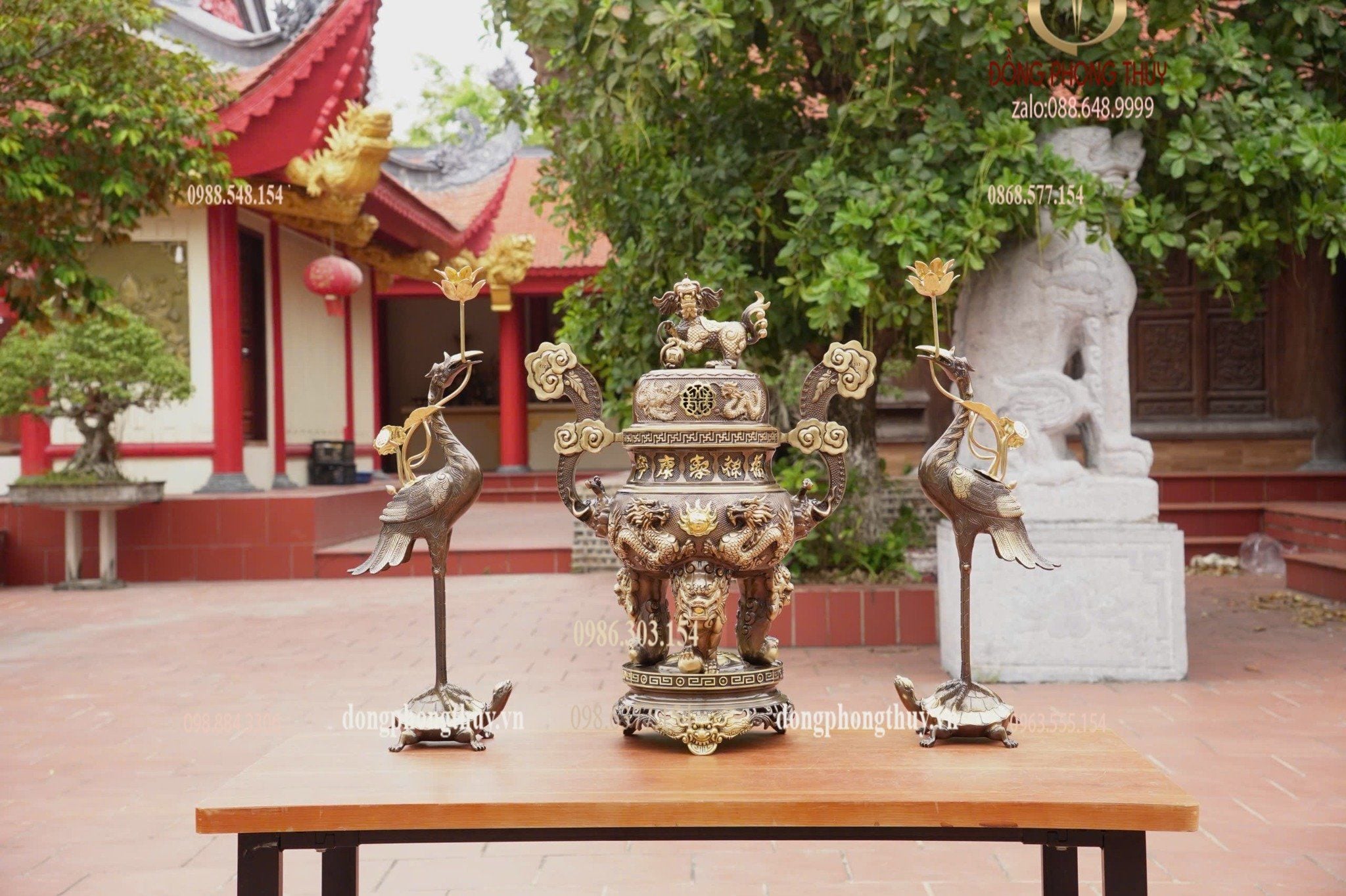 Bộ đỉnh đồng ngũ sự 65cm lưỡng long chầu nguyệt