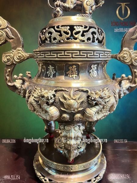Bộ đỉnh đồng ngũ sự 60cm màu hun xanh cạo nặng 29kg song long