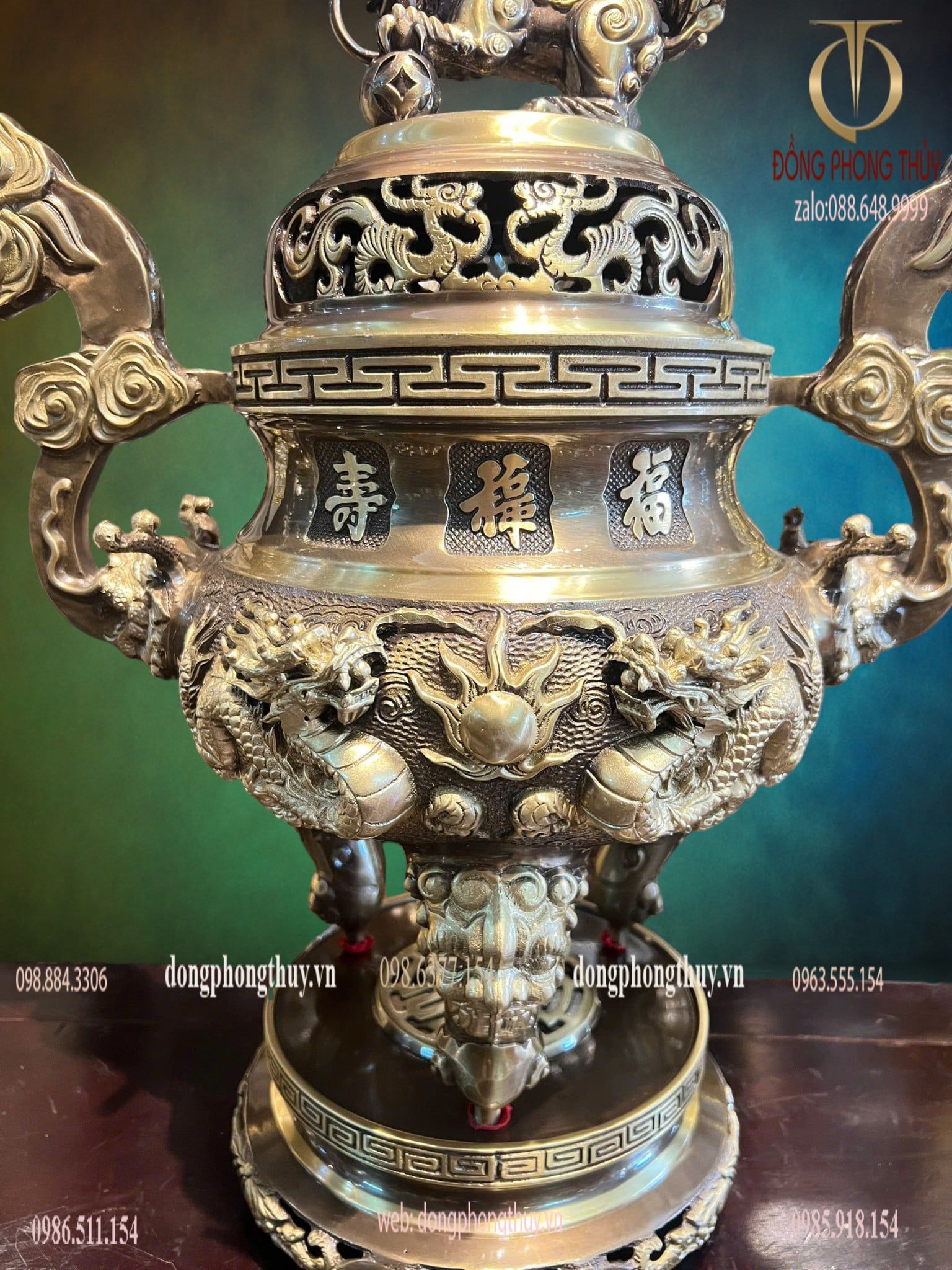 Bộ đỉnh đồng ngũ sự 60cm màu hun xanh cạo nặng 29kg song long
