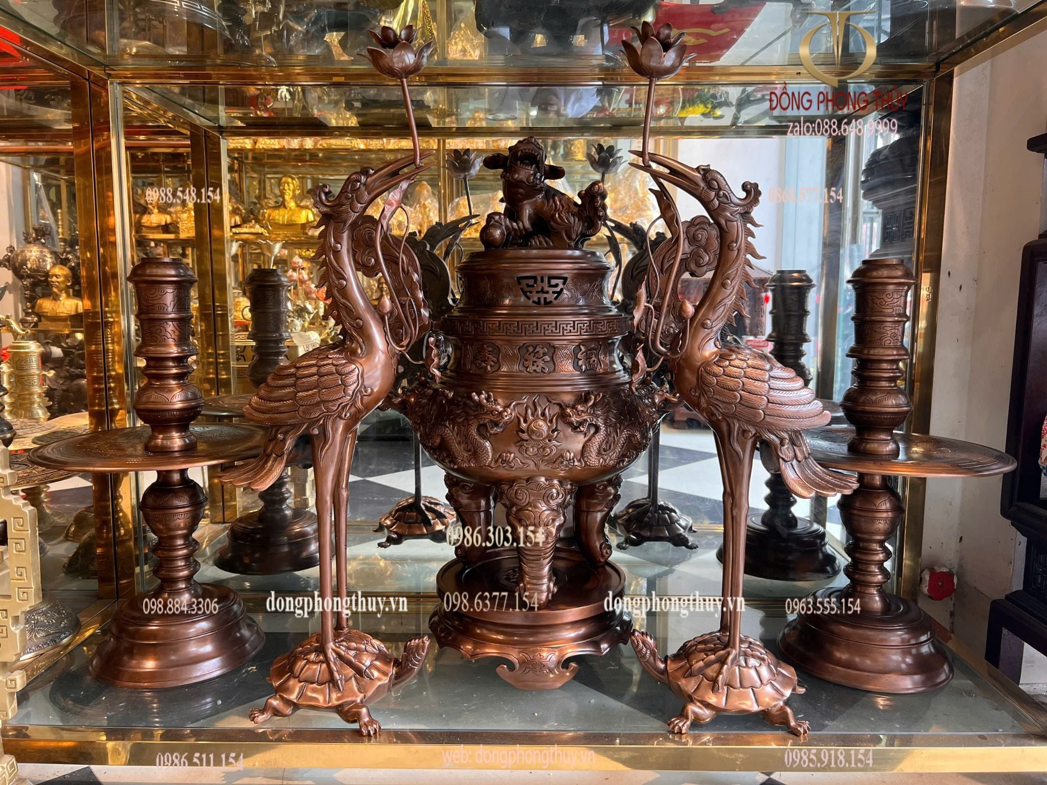 Bộ đỉnh đồng ngũ sự 70cm 62,5kg bằng đồng đỏ