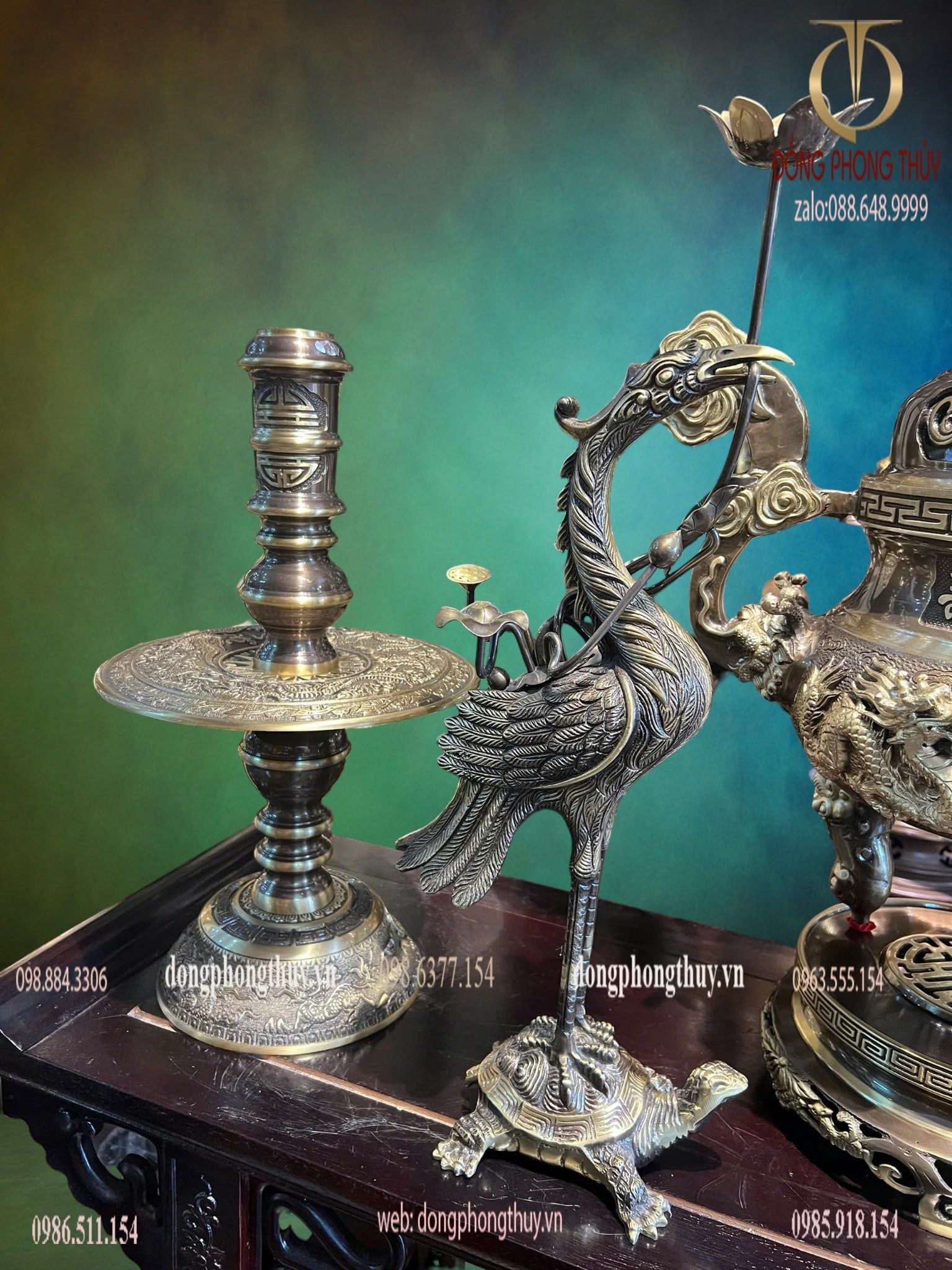 Bộ đỉnh đồng ngũ sự 60cm màu hun xanh cạo nặng 29kg song long