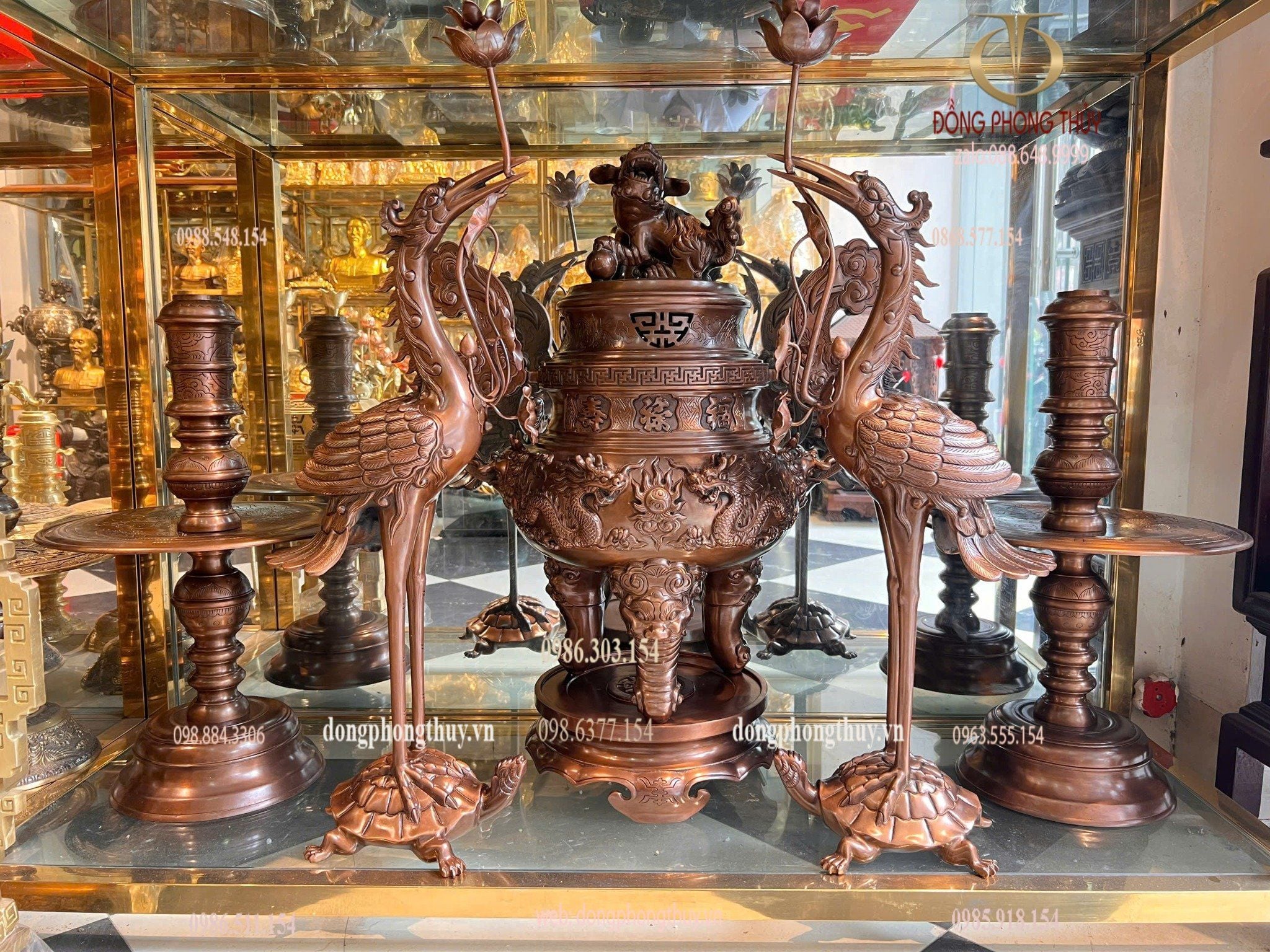 Bộ đỉnh đồng ngũ sự 70cm 62,5kg bằng đồng đỏ