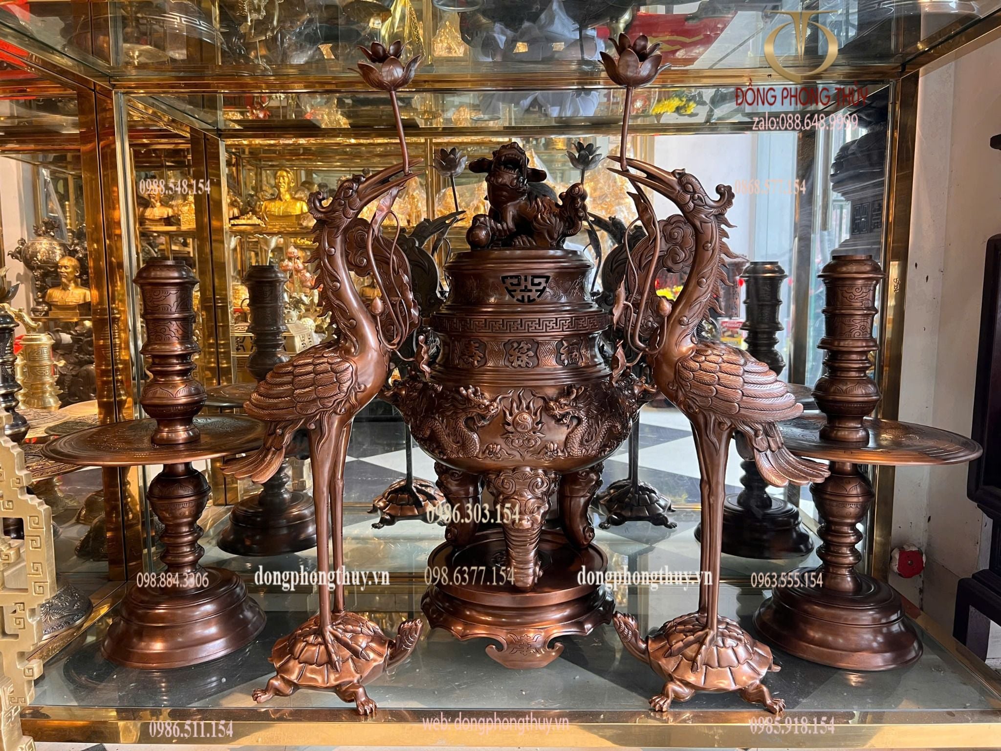 Bộ đỉnh đồng ngũ sự 70cm 62,5kg bằng đồng đỏ