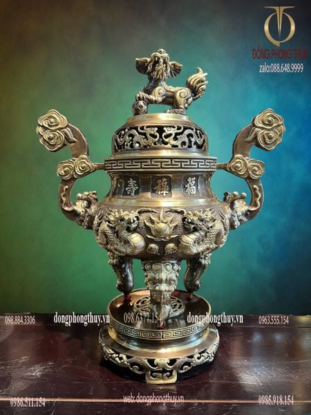 Bộ đỉnh đồng ngũ sự 60cm màu hun xanh cạo nặng 29kg song long
