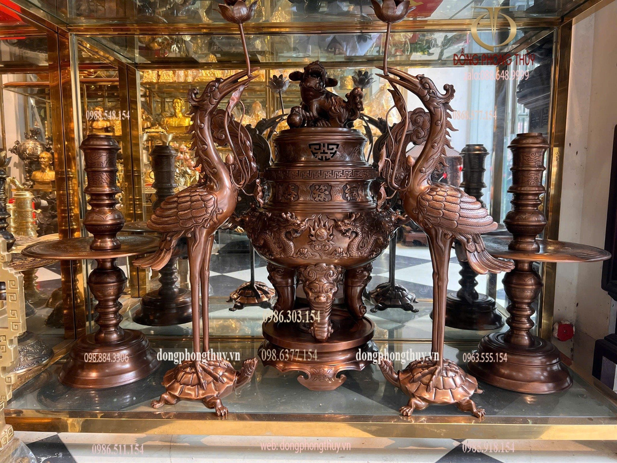 Bộ đỉnh đồng ngũ sự 70cm 62,5kg bằng đồng đỏ