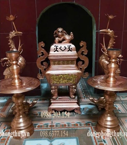 Bộ ngũ sự 60cm đỉnh đồng đỏ vuông nặng 43kg