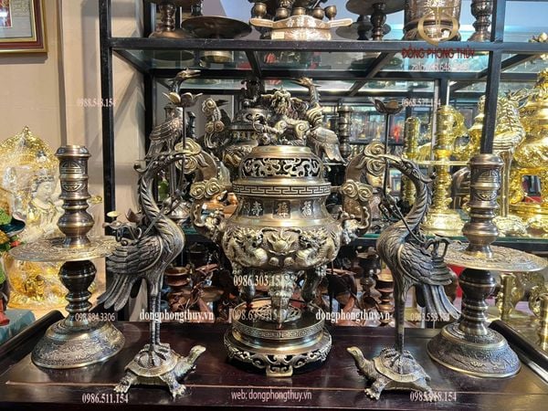 Bộ ngũ sự đỉnh đồng 60cm song long chầu nguyệt