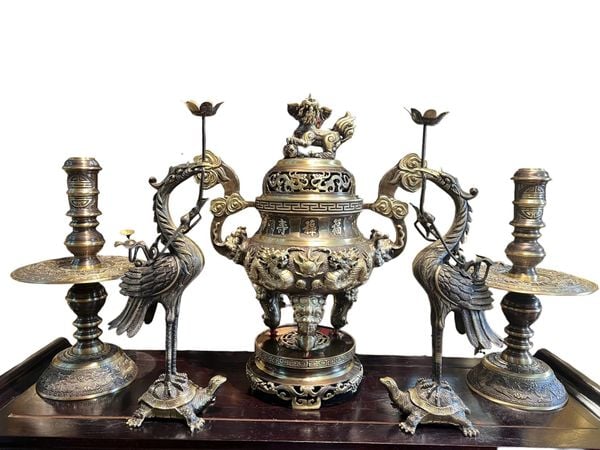 Bộ ngũ sự đỉnh đồng 60cm song long chầu nguyệt