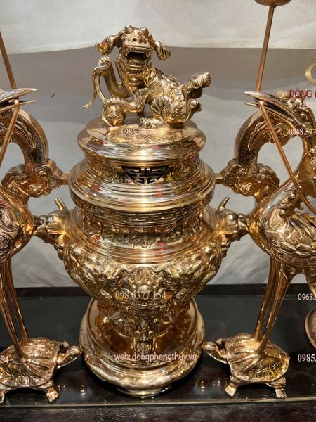 Bộ đỉnh đồng đỏ ngũ sự song long chầu nguyệt cao 65cm nặng 45kg