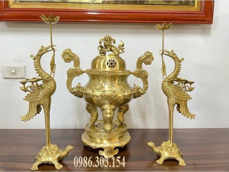 Bộ Đỉnh đồng thờ lư thờ cao 50cm bộ tam sự ngũ sự đỉnh hạc nến