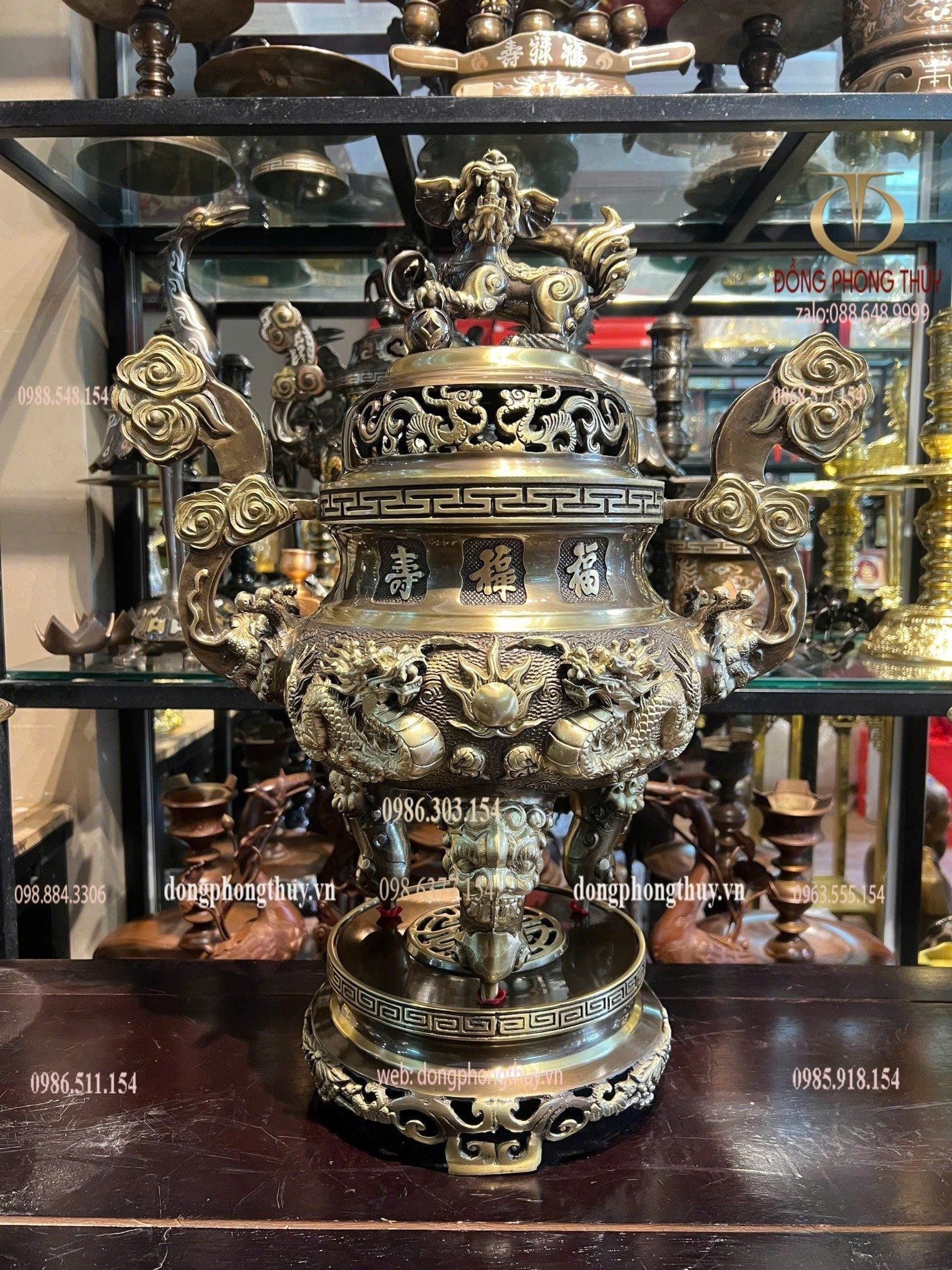 Bộ ngũ sự đỉnh đồng 60cm song long chầu nguyệt