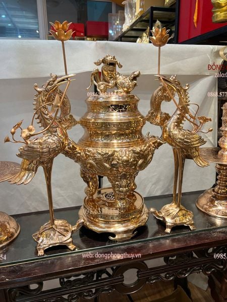 Bộ đỉnh đồng đỏ ngũ sự song long chầu nguyệt cao 65cm nặng 45kg