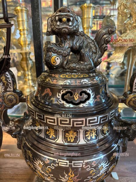 Bộ đỉnh đồng 60cm nặng 42kg khảm ngũ sắc