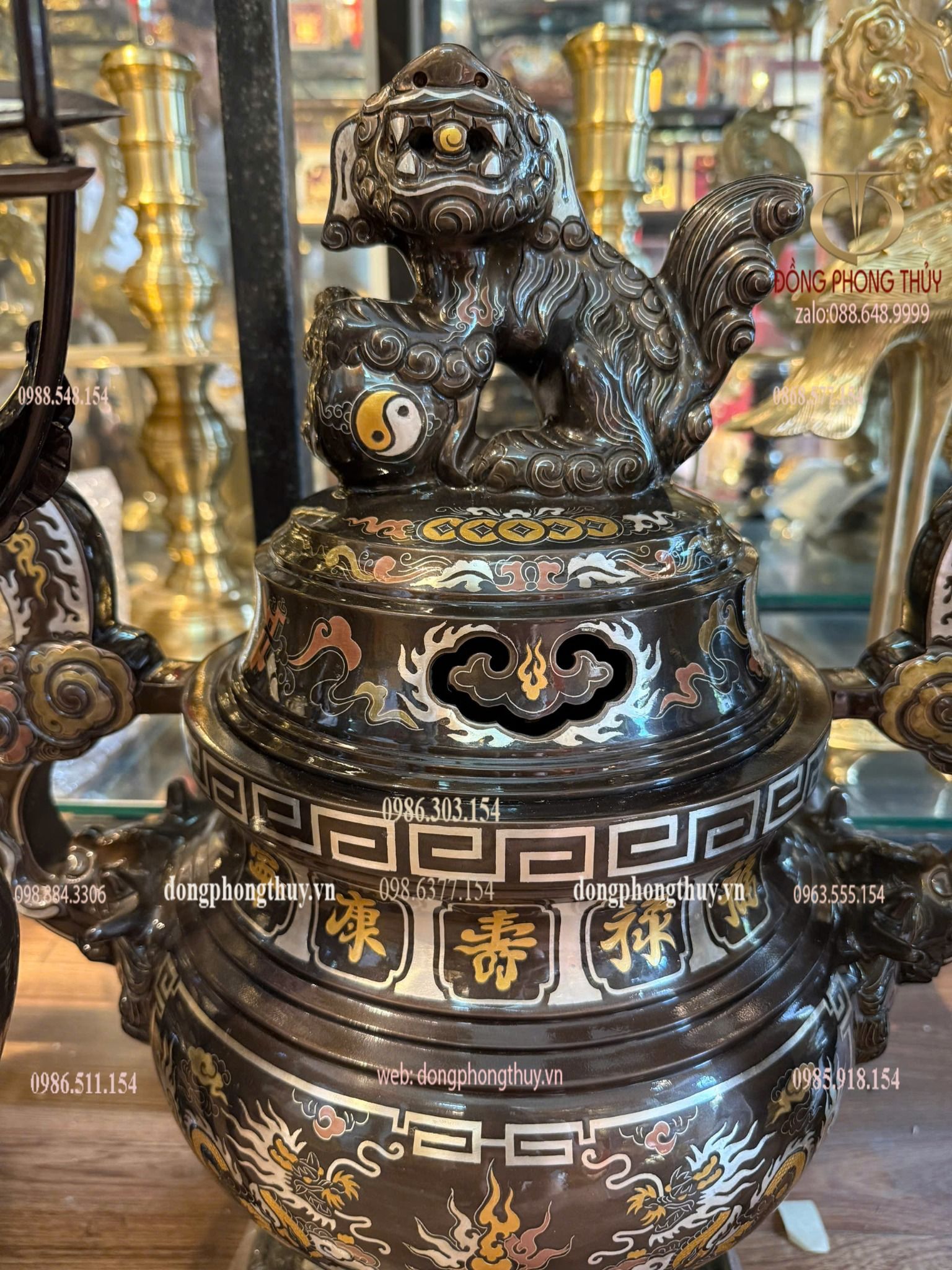 Bộ đỉnh đồng 60cm nặng 42kg khảm ngũ sắc