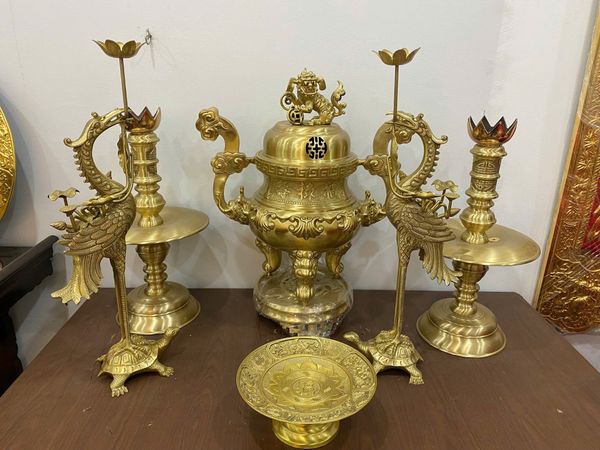 Bộ đỉnh đồng Ngũ sự cát tút hoa sòi cao 60cm nặng 29kg