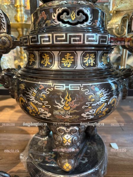 Bộ đỉnh đồng 60cm nặng 42kg khảm ngũ sắc